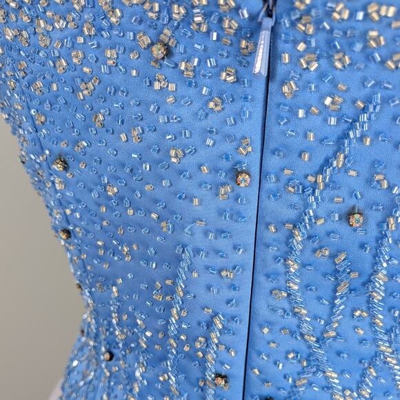 Vintage Prom Dress Maxi Gown 10 Blue Y2K Bead Tulle Shoulder Ball Cinderella - Picture 6 of 16